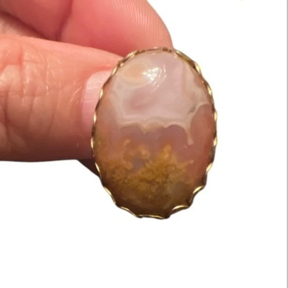 Vintage Men’s Pat Pend‎ Gold Agate Cufflinks & Tie Clip Set Mid-Century Oval